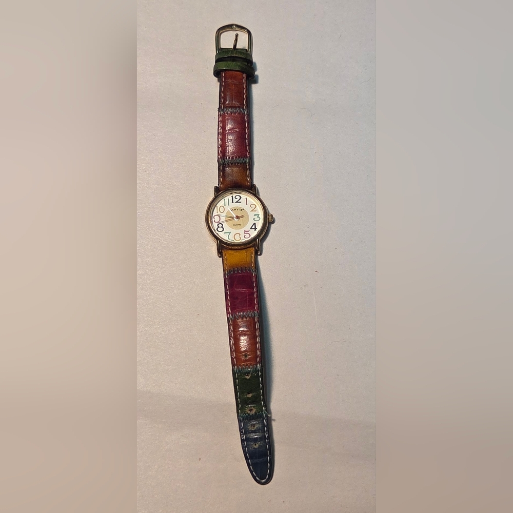 Vtg Orvis Watch Women 26mm Gold Tone Rainbow Patchwork Leather New Battery